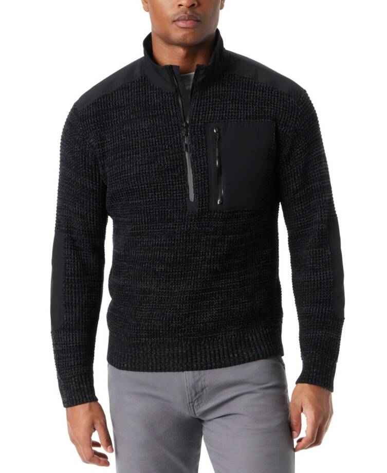 Bass Outdoor Quarter-Zip Long Sleeve Pullover Patch Sweater Men's S Black Beauty
