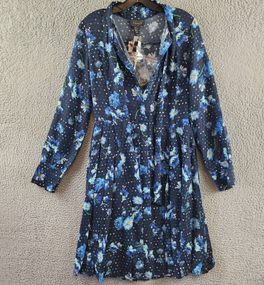 Gracia Belted Mini Dress Women's M Black Multi Floral Scarf Neck Long Sleeve