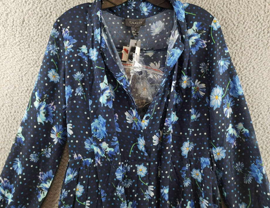 Gracia Belted Mini Dress Women's M Black Multi Floral Scarf Neck Long Sleeve