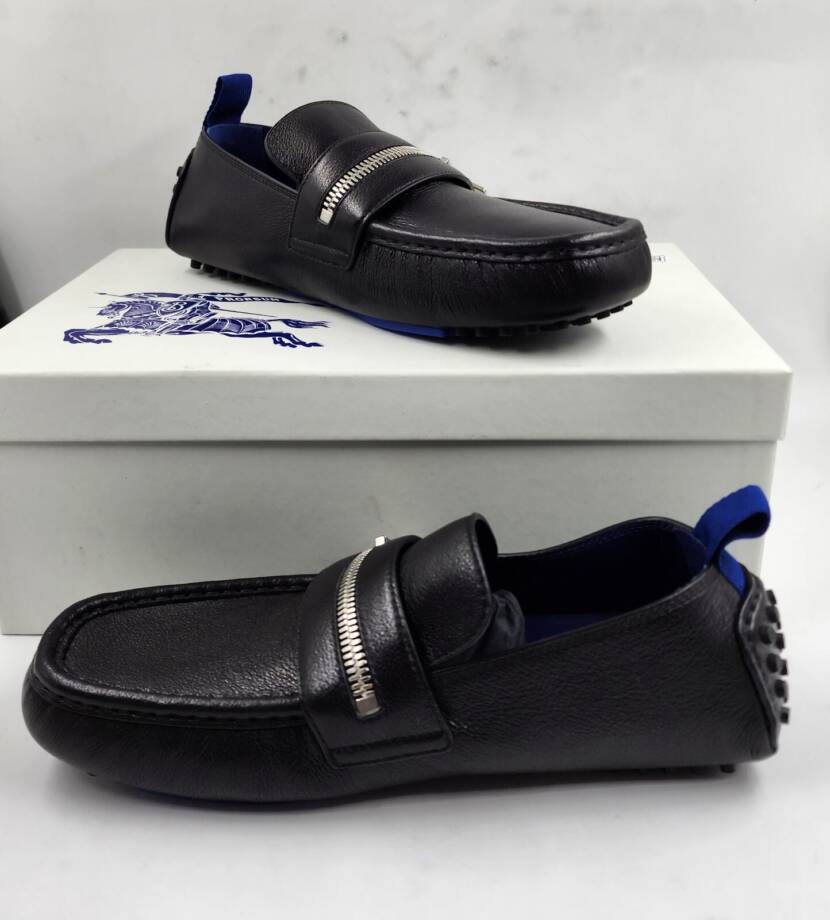 Burberry Motor Low Leather Loafers Men's 42.5 Black B-Cut Zip Slip On