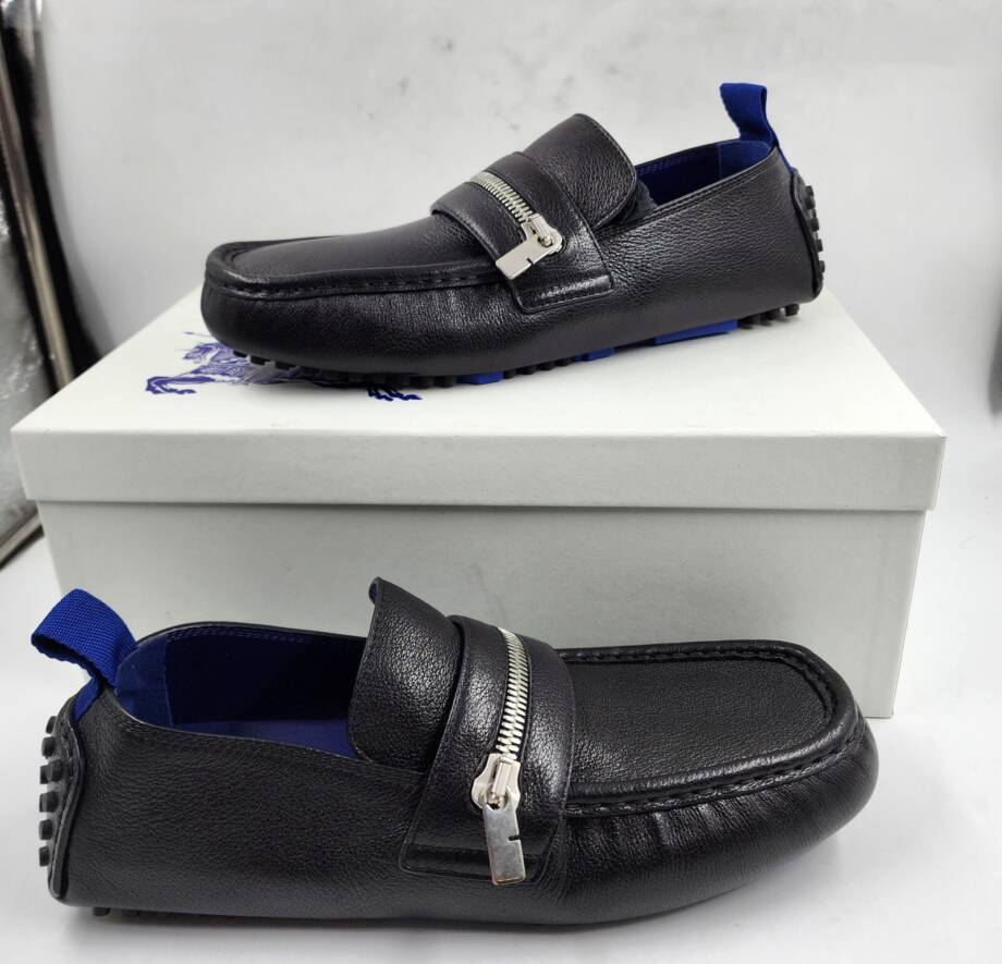Burberry Motor Low Leather Loafers Men's 42.5 Black B-Cut Zip Slip On