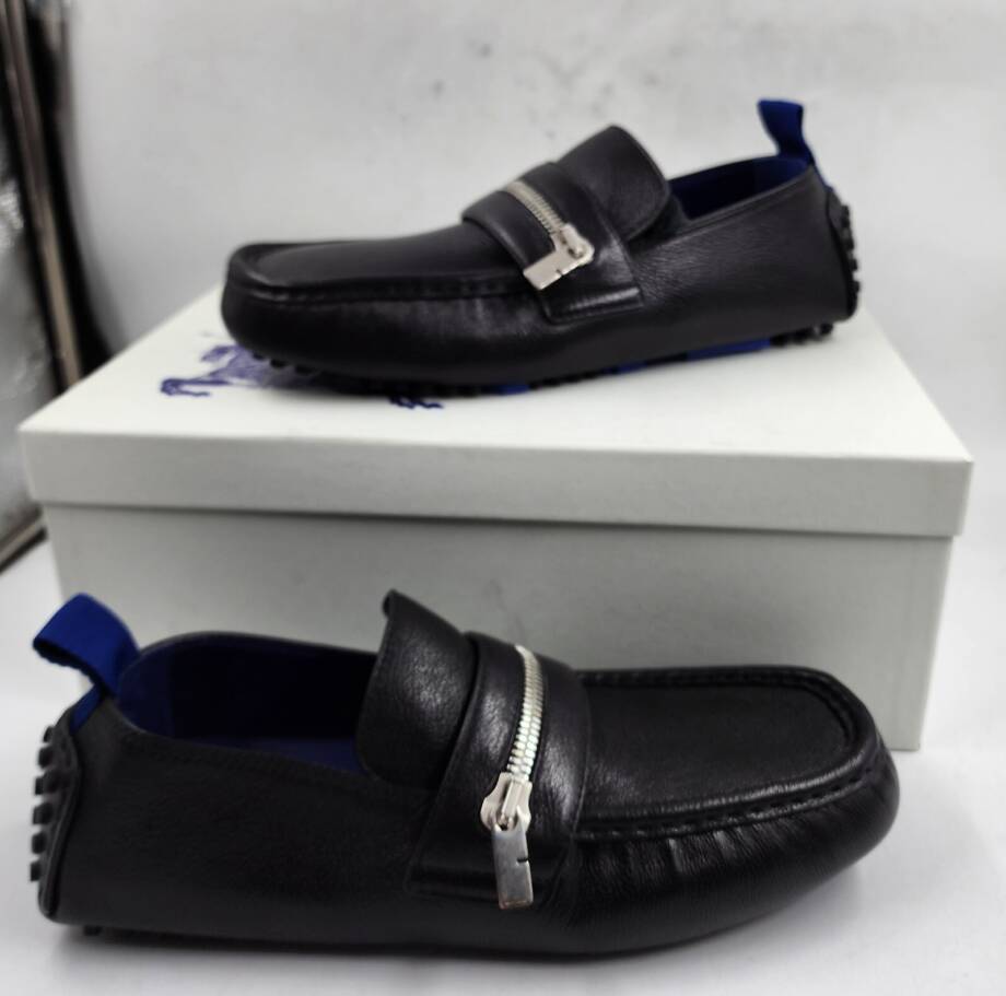 Burberry Motor Low Leather Loafers Men's 42.5 Black B-Cut Zip Slip On