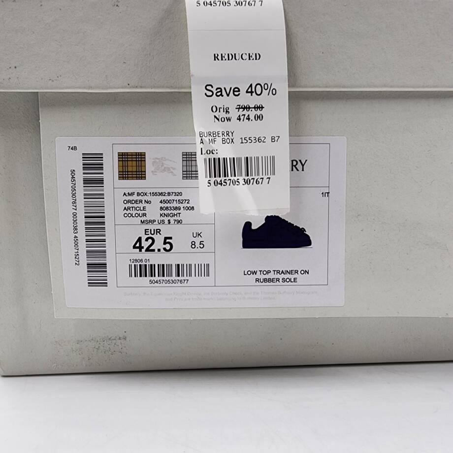 Burberry Leather Box Low-Top Sneakers Men's 42.5/9.5 US Knight Round Toe Lace Up