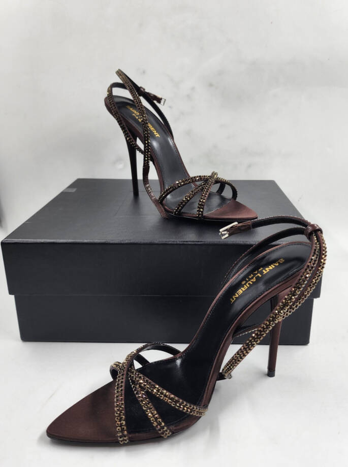 Saint Laurent Ava Embellished High Heel Sandals Women's 39/9 US Chocolate