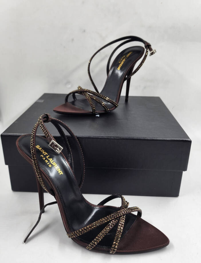Saint Laurent Ava Embellished High Heel Sandals Women's 39/9 US Chocolate