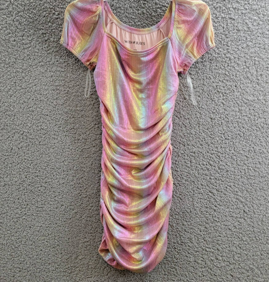 With Jules Ruched Square-Neck Mesh Dress Big Girls L Multi Short Sleeve Pullover