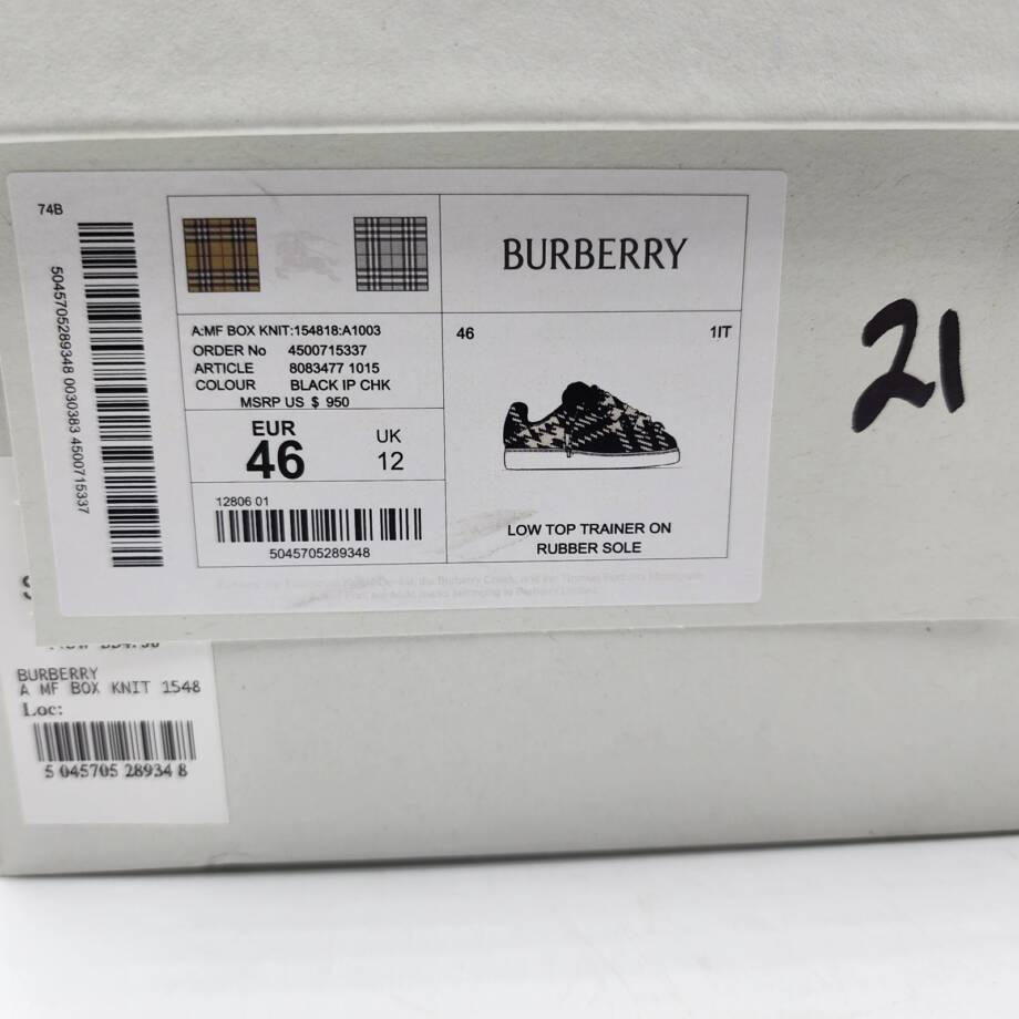 Burberry Check Knit Box Low-Top Sneakers Men's 46/13 US Black/White Lace Up