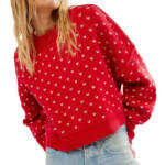 Free People Patterned Easy Street Cropped Sweater Womens L Red/White Long Sleeve