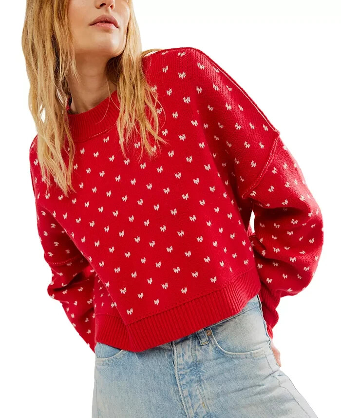 Free People Patterned Easy Street Cropped Sweater Womens L Red/White Long Sleeve