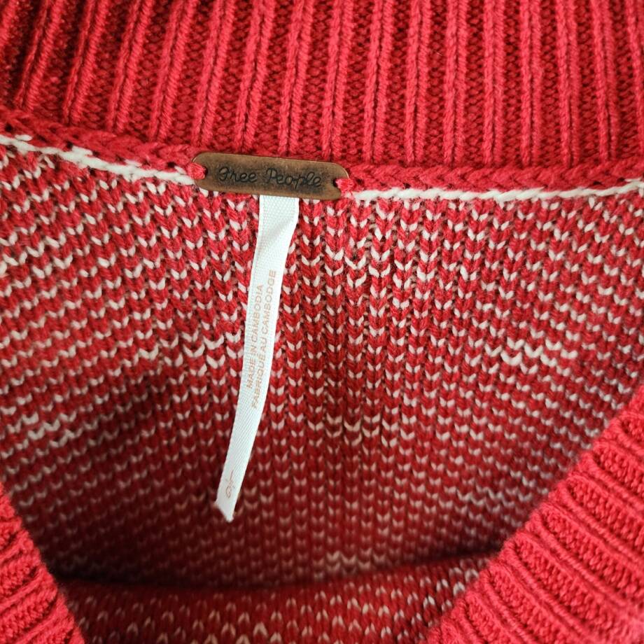 Free People Patterned Easy Street Cropped Sweater Womens L Red/White Long Sleeve