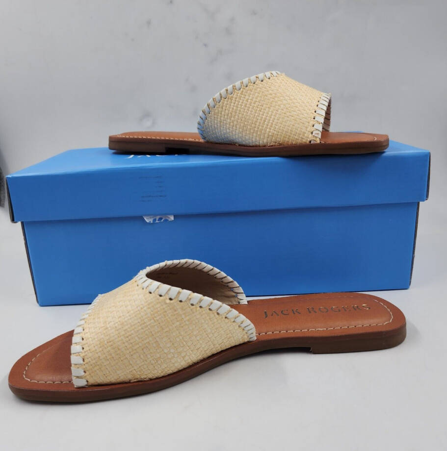 Jack Rogers Scarlett Rattan Slide Sandals Women's 7M Natural/White Slip On