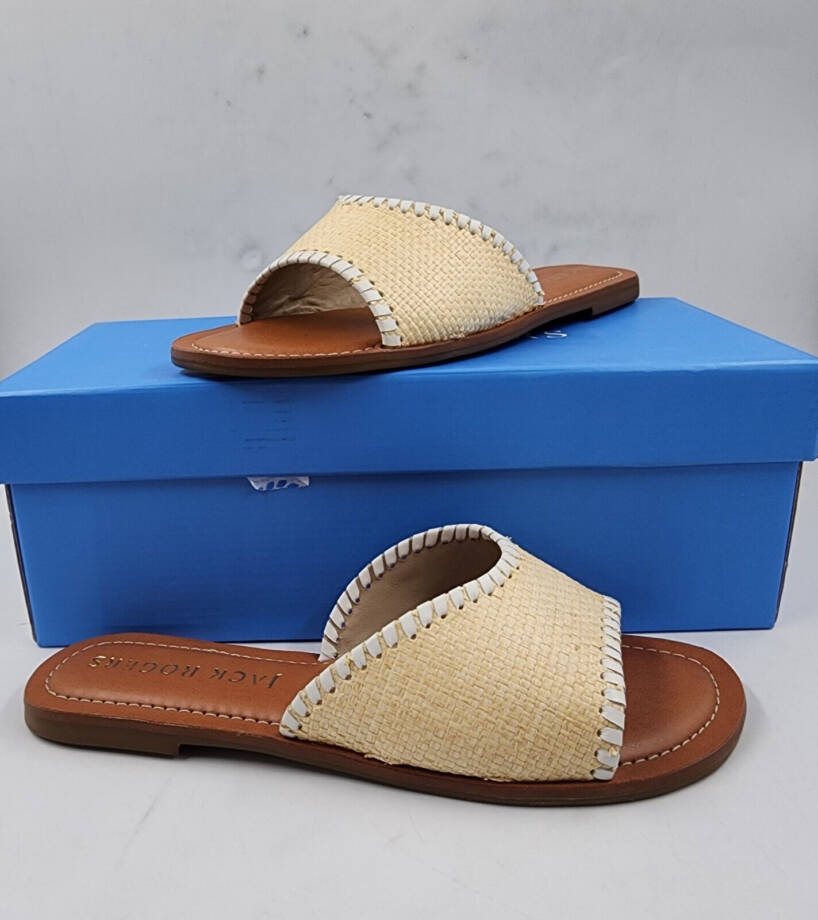 Jack Rogers Scarlett Rattan Slide Sandals Women's 7M Natural/White Slip On