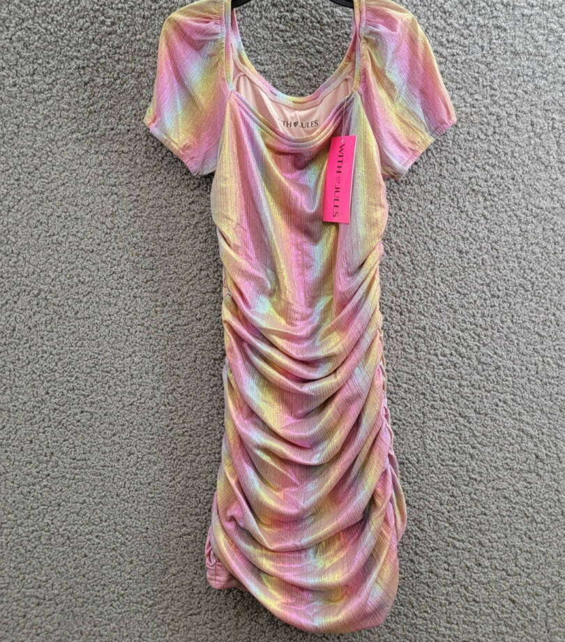 With Jules Ruched Square-Neck Mesh Dress Big Girl XL Multi Short Sleeve Pullover