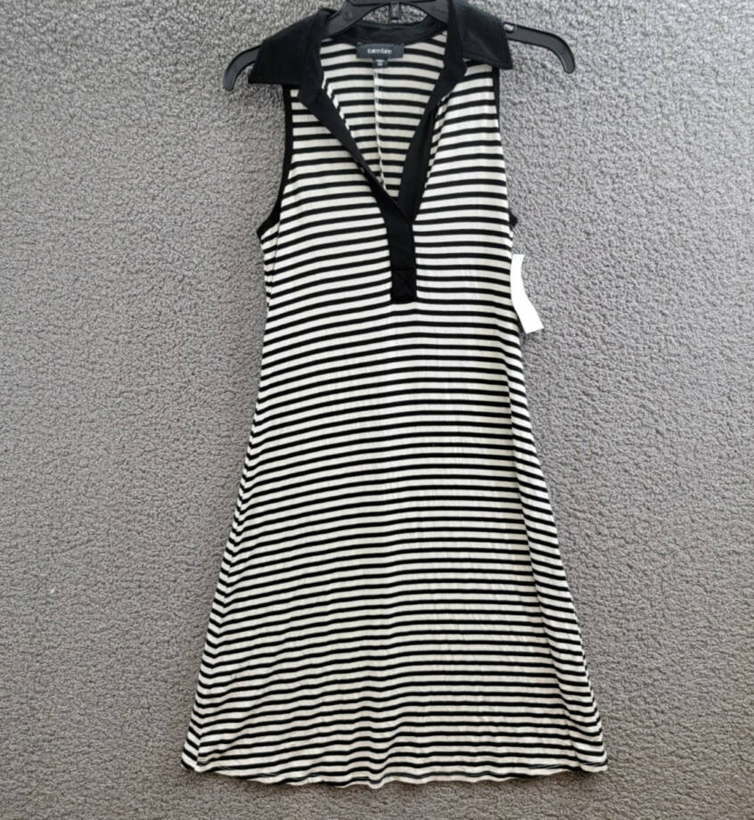 Karen Kane Contrast Collar Placket Dress Women's XS Black/White Striped Pullover