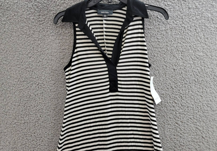 Karen Kane Contrast Collar Placket Dress Women's XS Black/White Striped Pullover