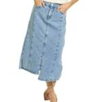 Gracia Straight Cut Midi Denim Skirt Women's L Blue Side Pockets Button Zip