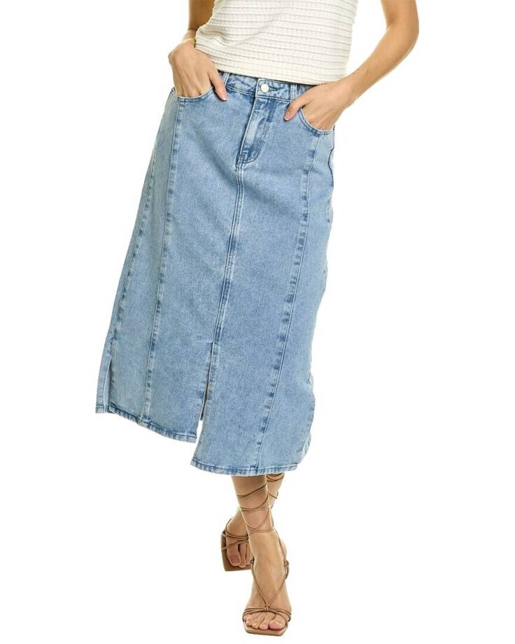 Gracia Straight Cut Midi Denim Skirt Women's L Blue Side Pockets Button Zip