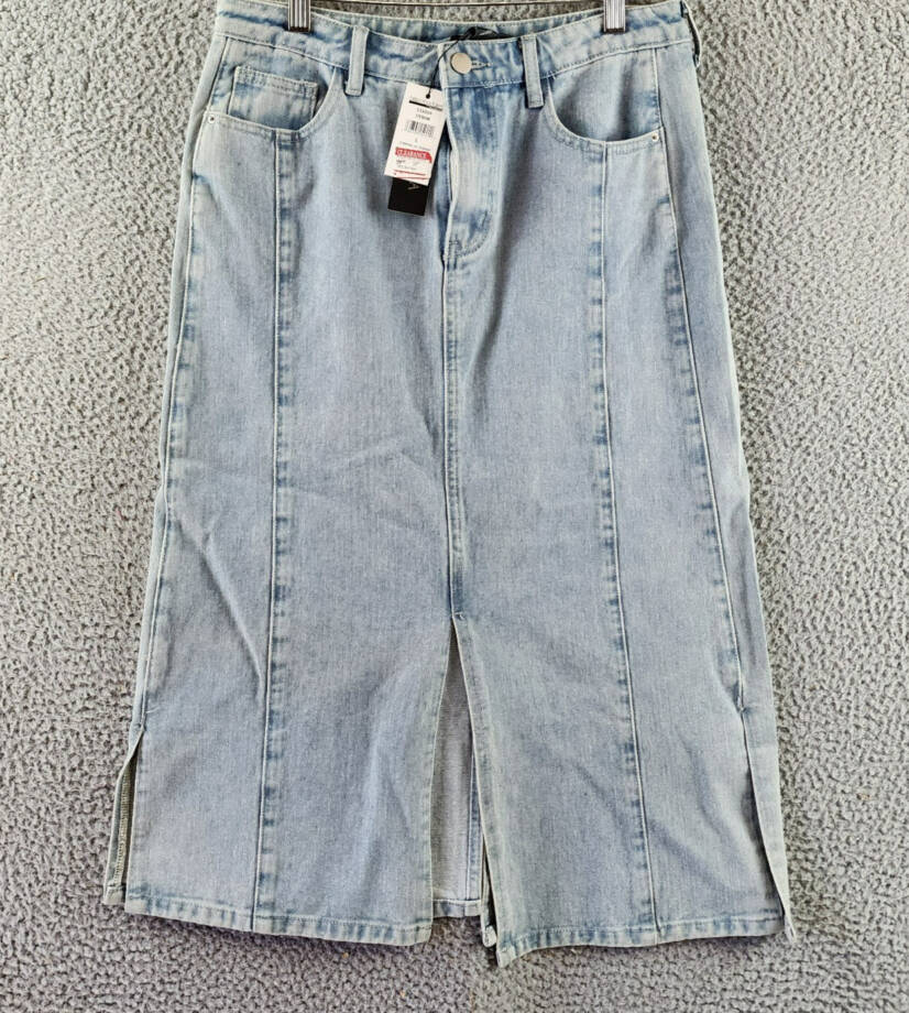 Gracia Straight Cut Midi Denim Skirt Women's L Blue Side Pockets Button Zip
