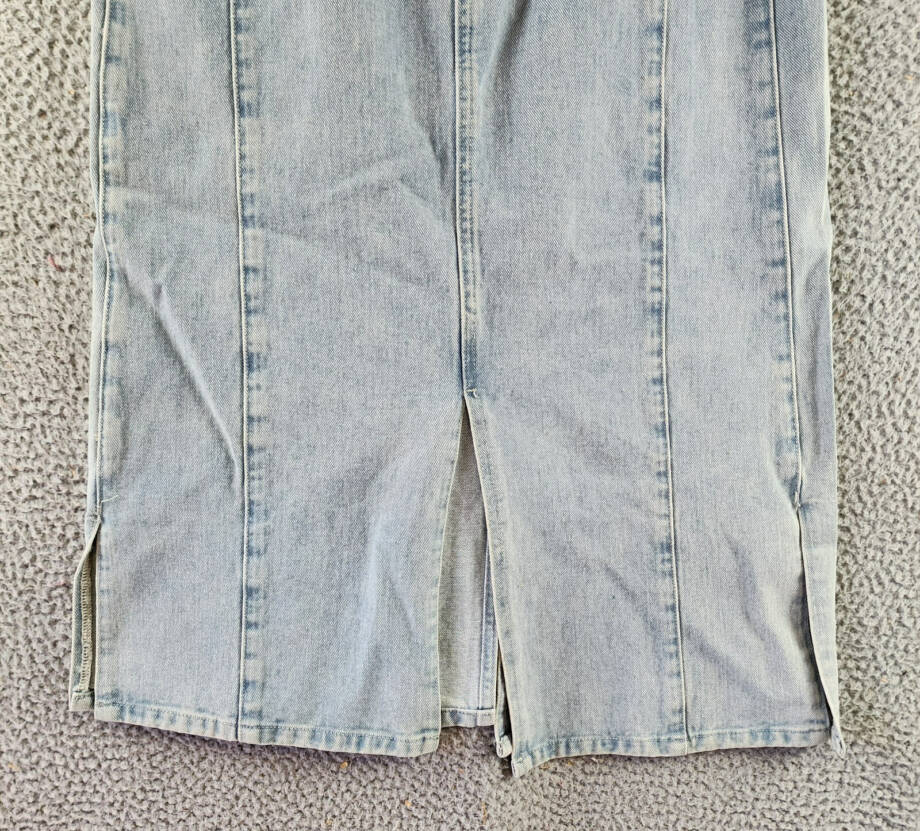 Gracia Straight Cut Midi Denim Skirt Women's L Blue Side Pockets Button Zip