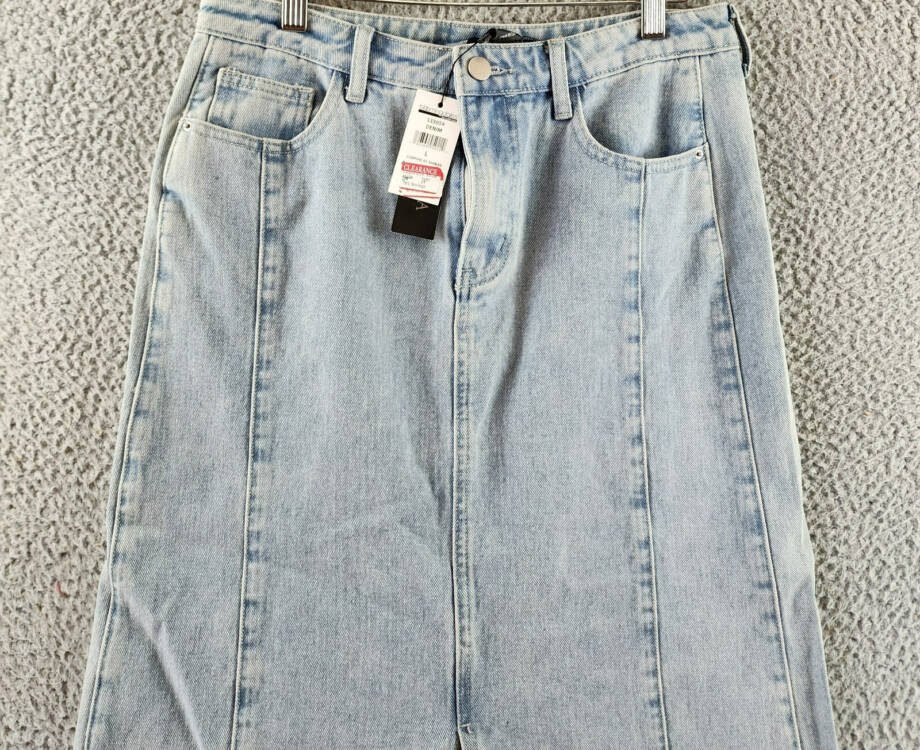 Gracia Straight Cut Midi Denim Skirt Women's L Blue Side Pockets Button Zip