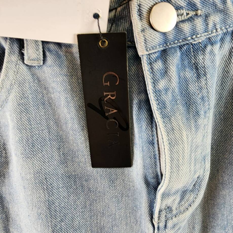 Gracia Straight Cut Midi Denim Skirt Women's L Blue Side Pockets Button Zip