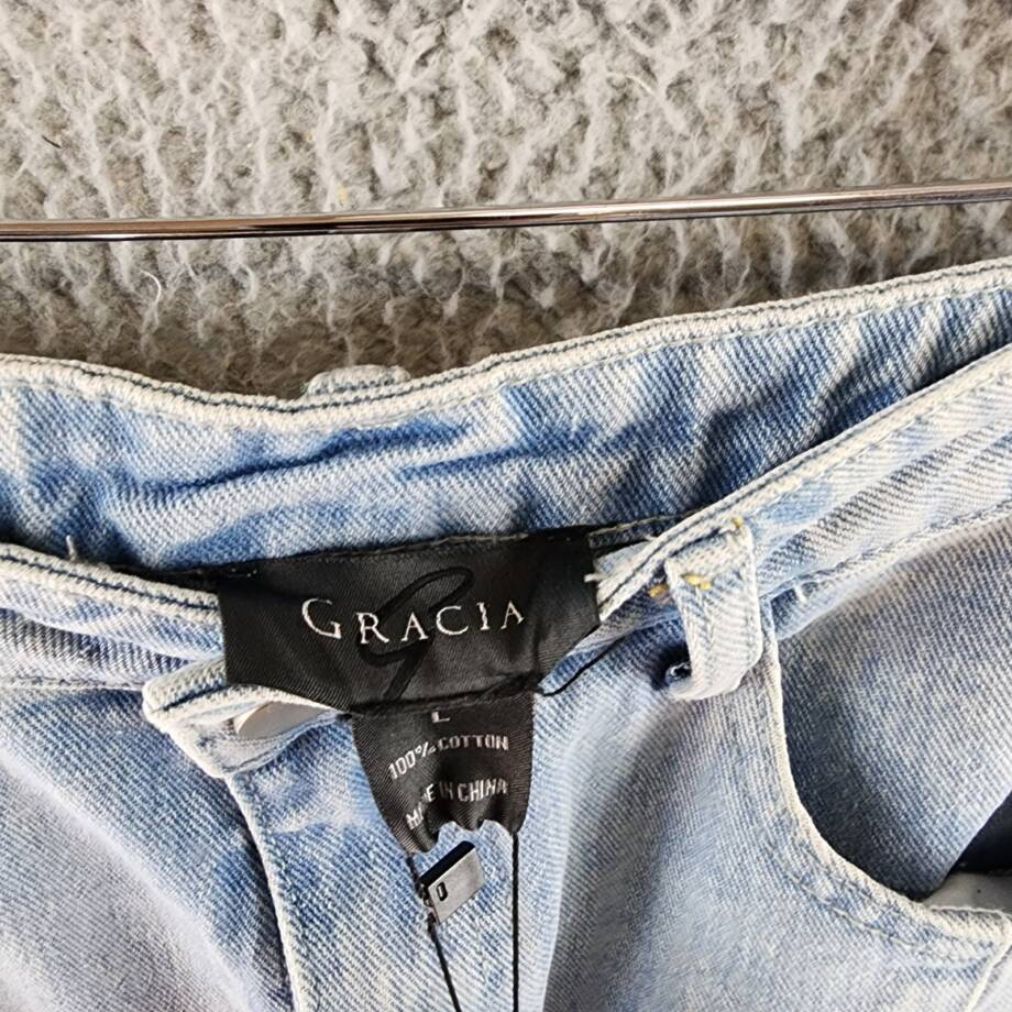 Gracia Straight Cut Midi Denim Skirt Women's L Blue Side Pockets Button Zip