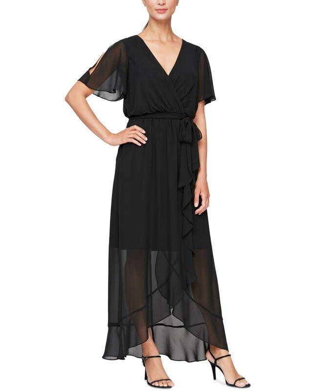 SLNY Fashions Ruffled Wrap Dress Women's 10 Black Surplice Neck Belted Pullover