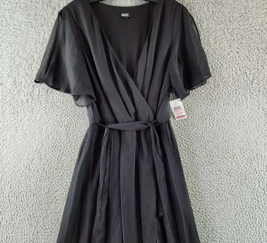 SLNY Fashions Ruffled Wrap Dress Women's 10 Black Surplice Neck Belted Pullover