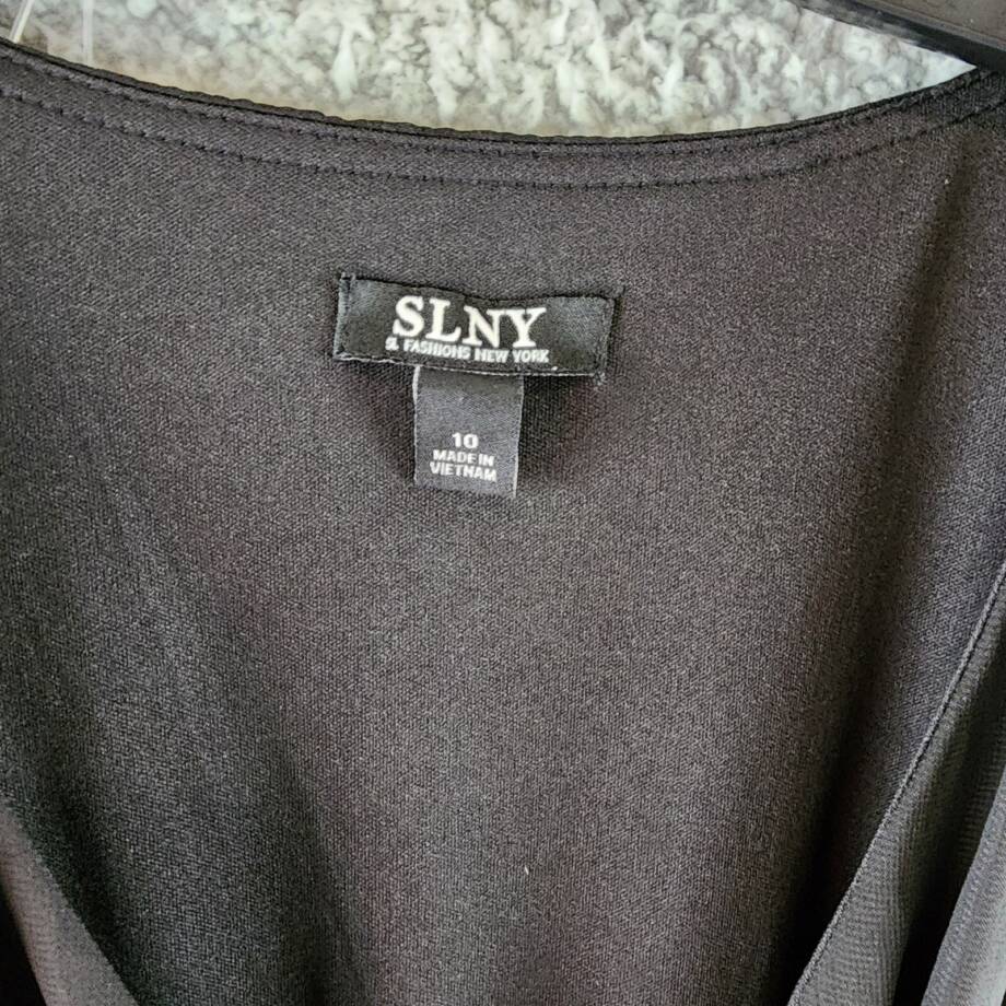 SLNY Fashions Ruffled Wrap Dress Women's 10 Black Surplice Neck Belted Pullover