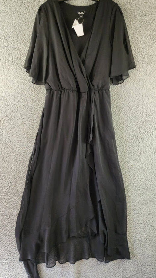 SLNY Fashions Ruffled Wrap Dress Women's 16 Black Surplice Neck Belted Pullover