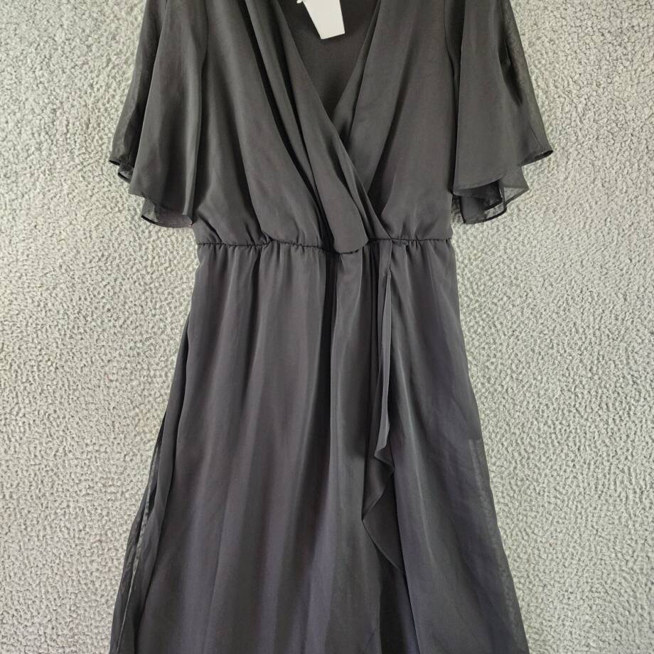 SLNY Fashions Ruffled Wrap Dress Women's 16 Black Surplice Neck Belted Pullover