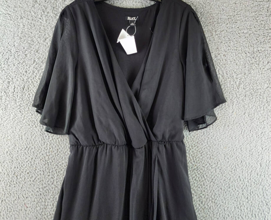 SLNY Fashions Ruffled Wrap Dress Women's 16 Black Surplice Neck Belted Pullover