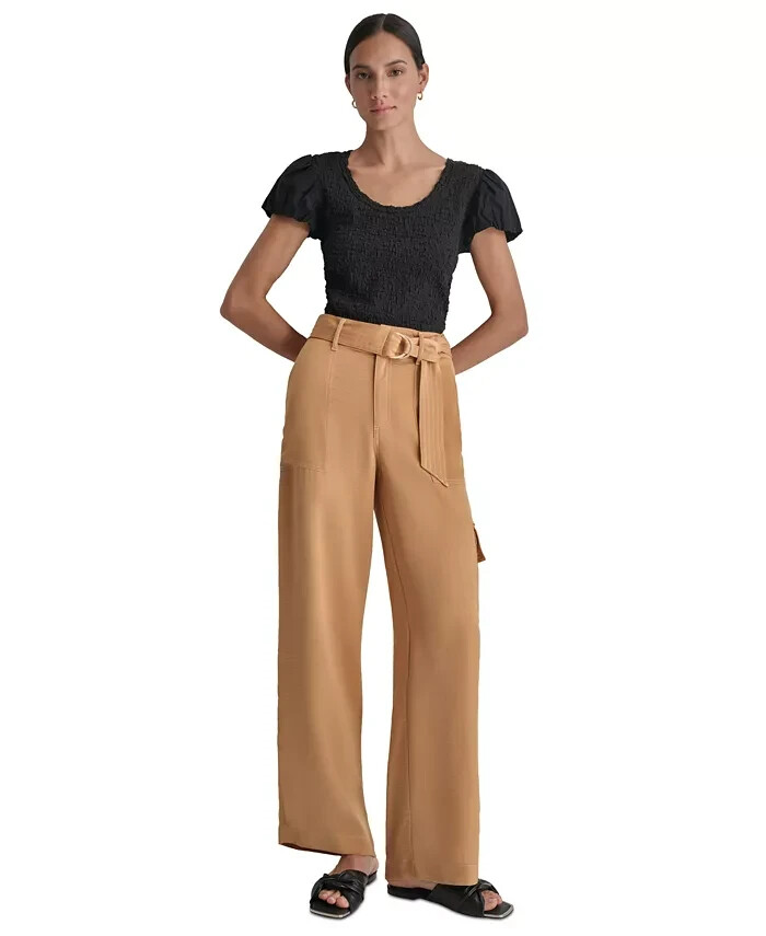DKNY High Rise Wide-Leg Cargo Pants Women's 16 Tawney Zip Hook & Bar Closure