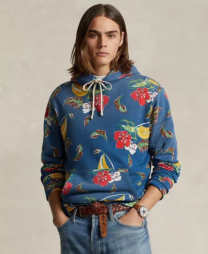 Polo Ralph Lauren Sailboat-Floral Fleece Hoodie Men's M Blue Multi Long Sleeve