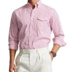 Polo Ralph Lauren Poplin Stripe Custom Fit Button Down Shirt Men's M Pink/White