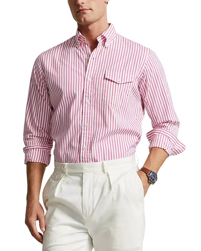 Polo Ralph Lauren Poplin Stripe Custom Fit Button Down Shirt Men's M Pink/White