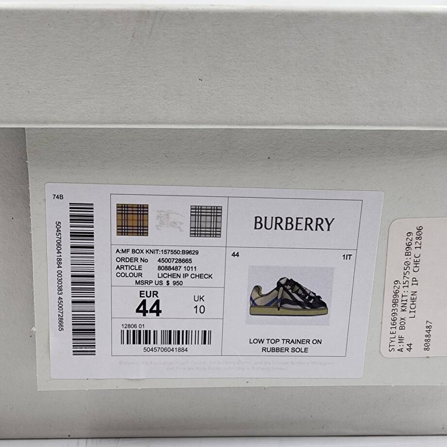 Burberry Check Knit Box Sneakers Men's 44 Lichen Ip Check Lace Up Closure