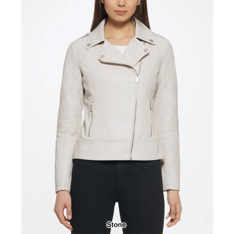 Guess Faux Leather Jacket Women's L Stone Notch Collar Zip Front Closure L/S~
