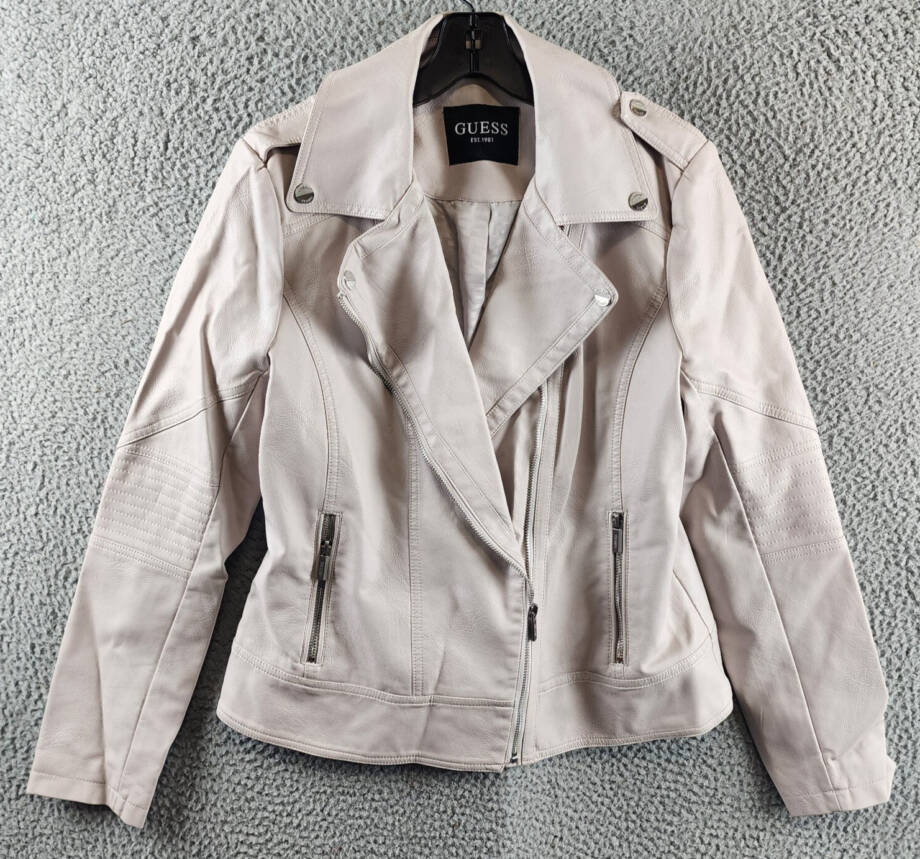 Guess Faux Leather Jacket Women's L Stone Notch Collar Zip Front Closure L/S~
