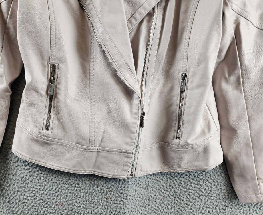 Guess Faux Leather Jacket Women's L Stone Notch Collar Zip Front Closure L/S~