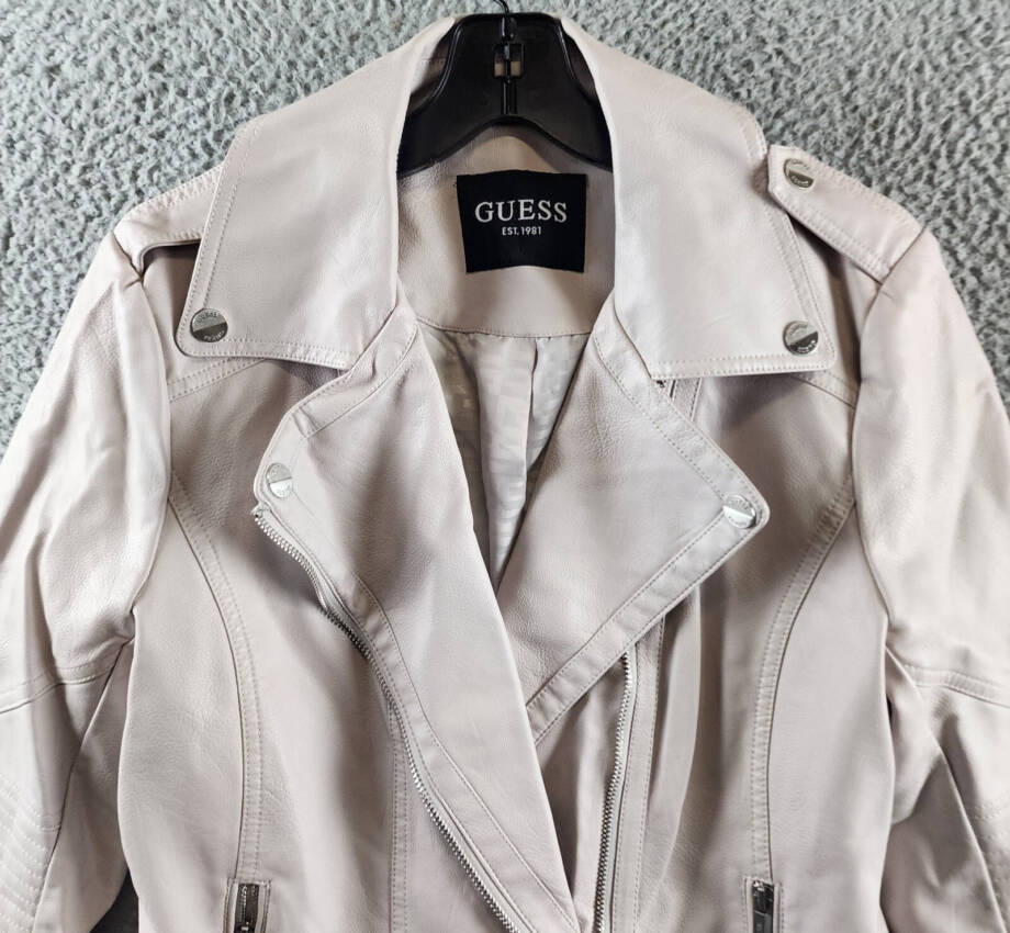 Guess Faux Leather Jacket Women's L Stone Notch Collar Zip Front Closure L/S~