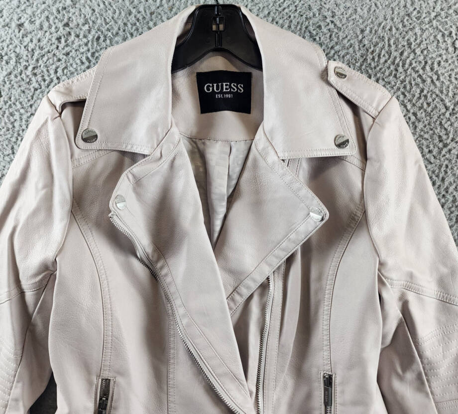 Guess Faux Leather Jacket Women's L Stone Notch Collar Zip Front Closure L/S~