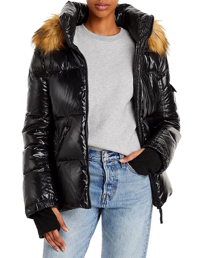 AQUA Gloss Allie Faux Fur Trim Down Puffer Jacket Women's S Jet/Natural L/S