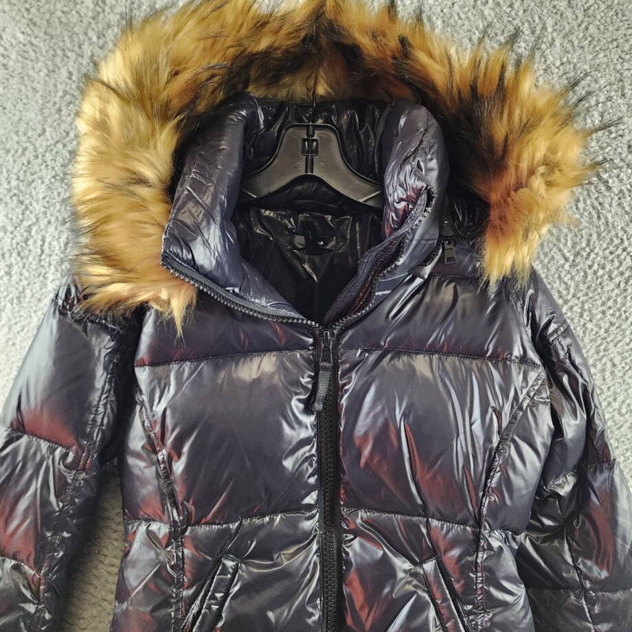 AQUA Gloss Allie Faux Fur Trim Down Puffer Jacket Women's S Jet/Natural L/S