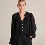 OAT New York Long Sleeve Blouse Women's XS Black V-Neckline Front Button Closure