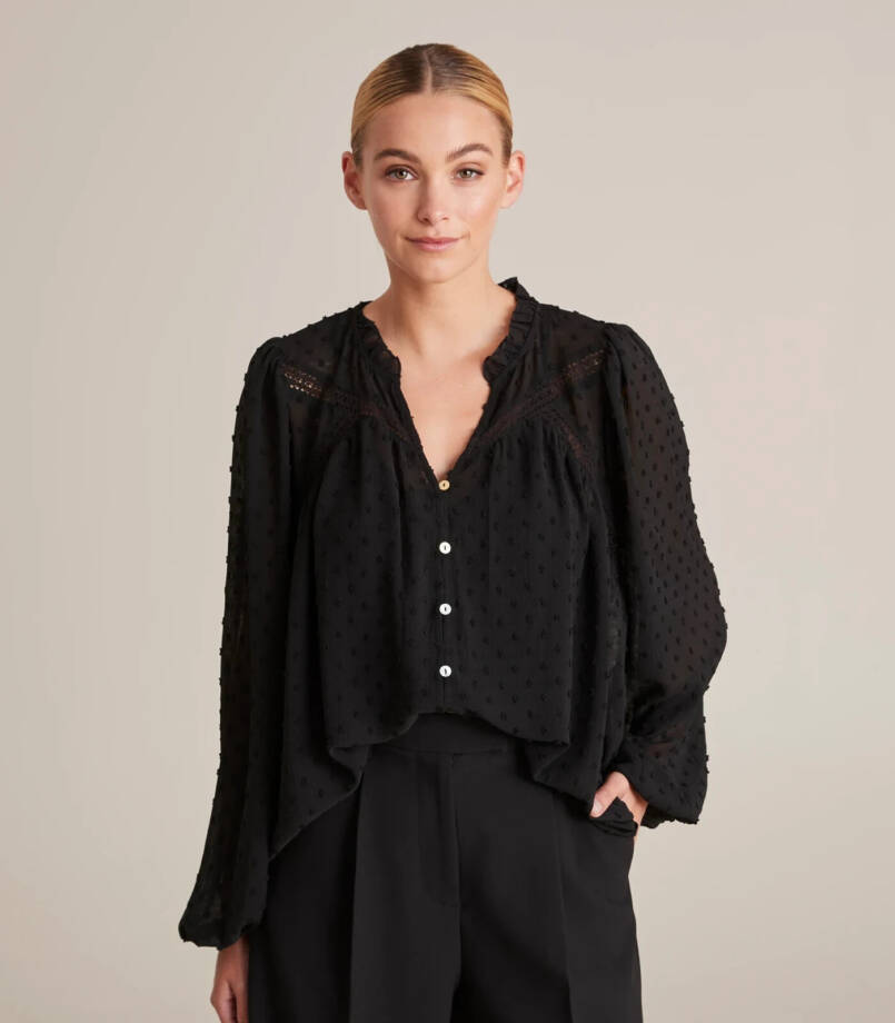 OAT New York Long Sleeve Blouse Women's XS Black V-Neckline Front Button Closure