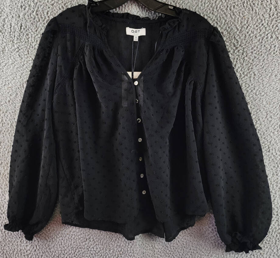 OAT New York Long Sleeve Blouse Women's XS Black V-Neckline Front Button Closure