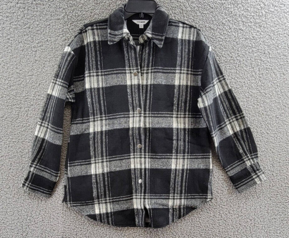 Steve Madden Sophia Flannel Plaid Shirt Jacket Women's XS Black/Ivory Wool Blend