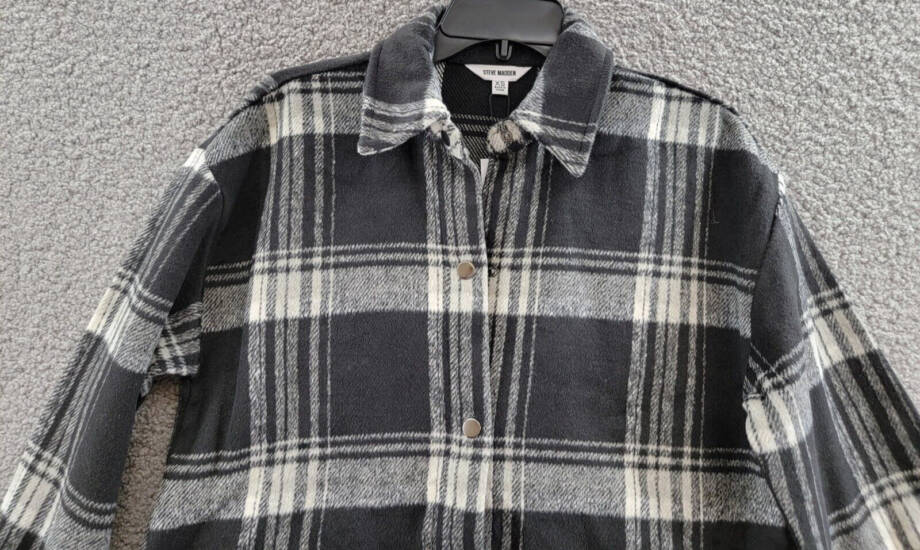 Steve Madden Sophia Flannel Plaid Shirt Jacket Women's XS Black/Ivory Wool Blend