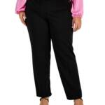 Bar III Plus Size Button-Detail Straight-Leg Pull-On Pants Women's 1X Black